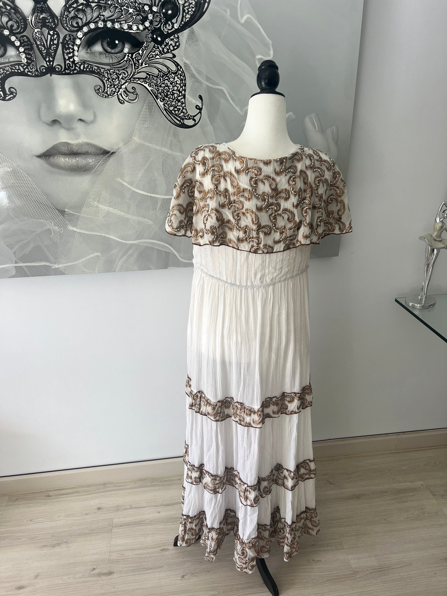White & Bronze Boho Dress