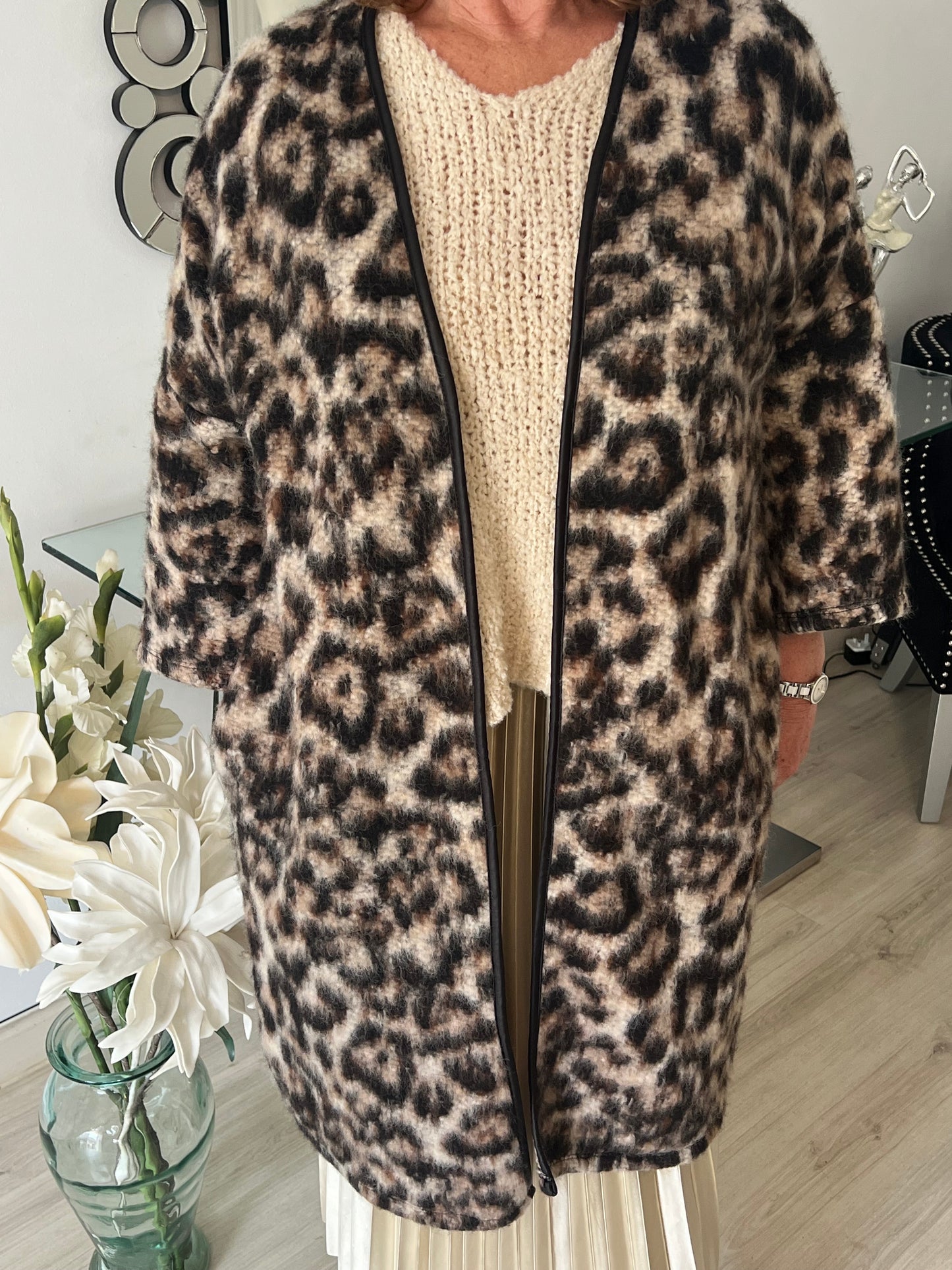 Leopard Print Wool Coatigan