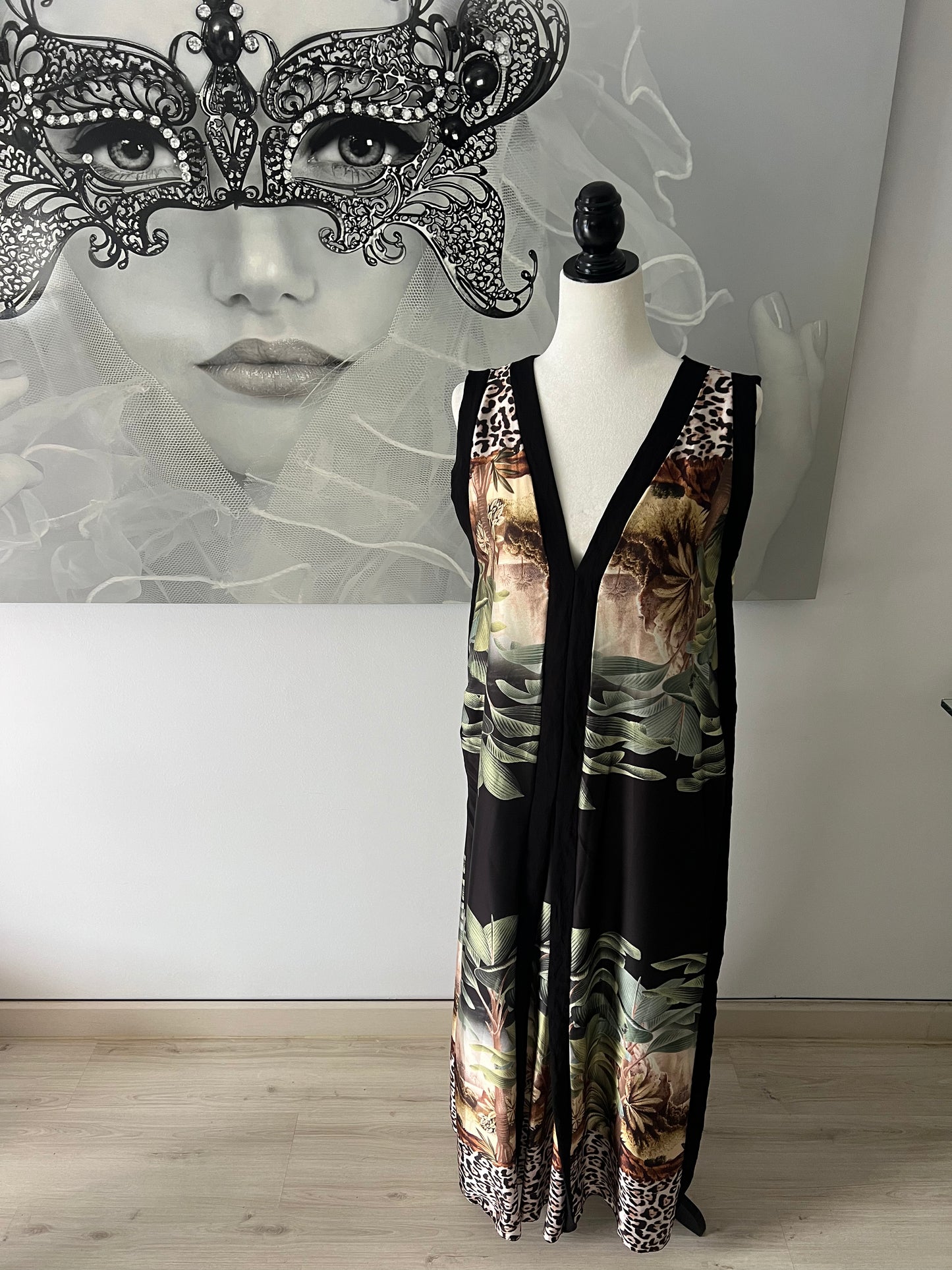 Silk Dress with Leaf & Leopard Print