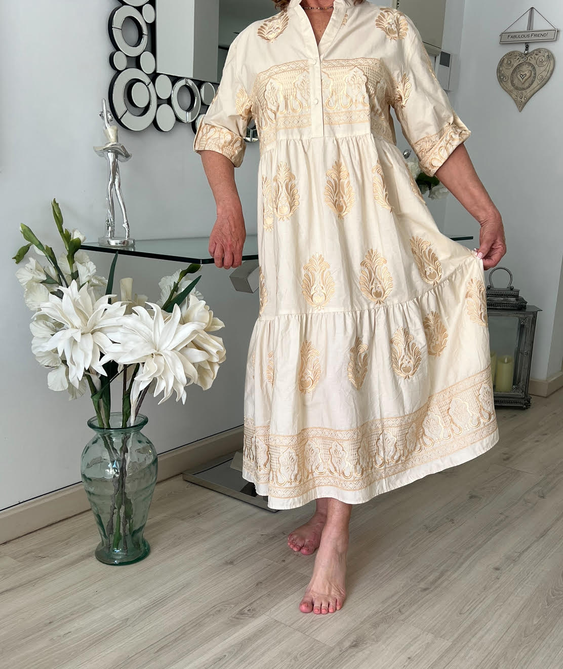 Women's greek style dress with gold embroidery The Costa del Closet Women's greek style dress with gold embroidery The Costa del Closet