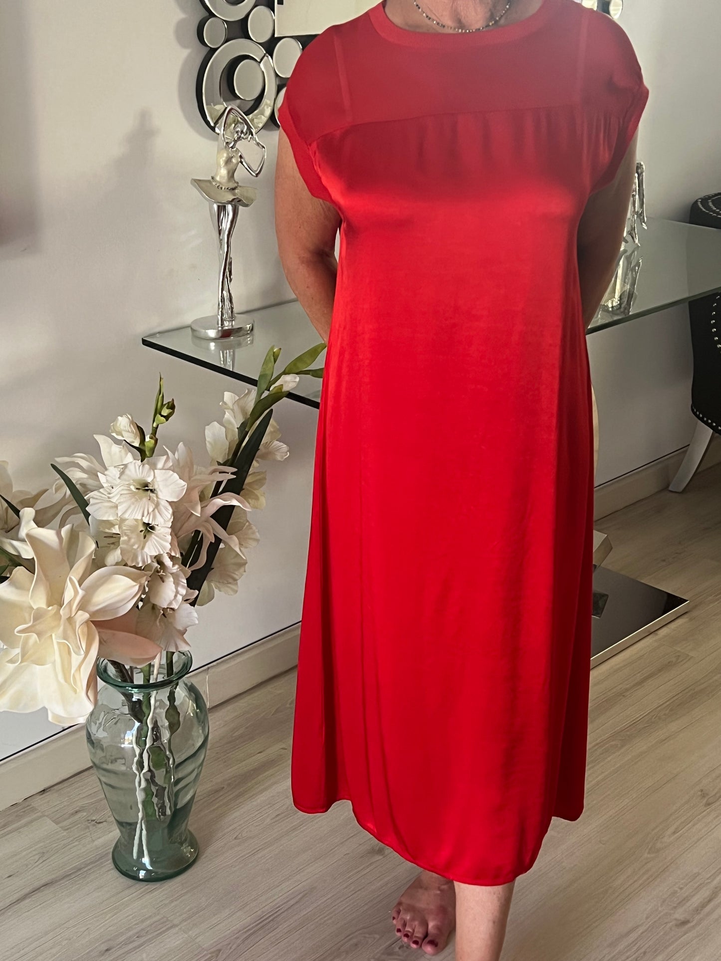 Satin Dress with A Fine Knit Neckline