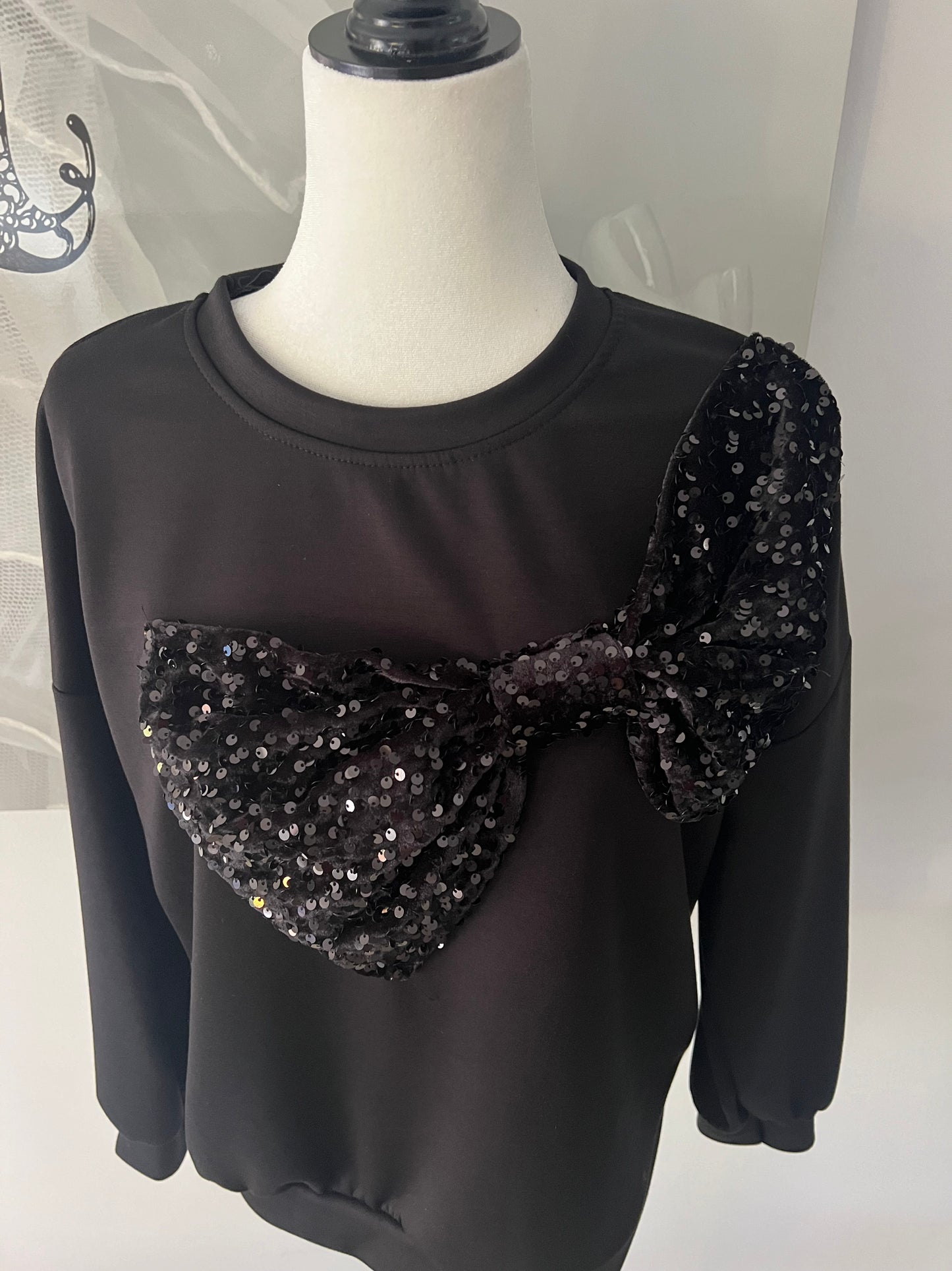 Black Sweatshirt with Sequin Bow