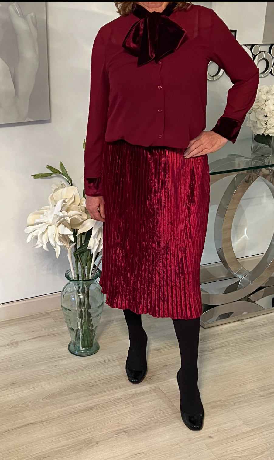 Burgundy Velvet Pleated Skirt