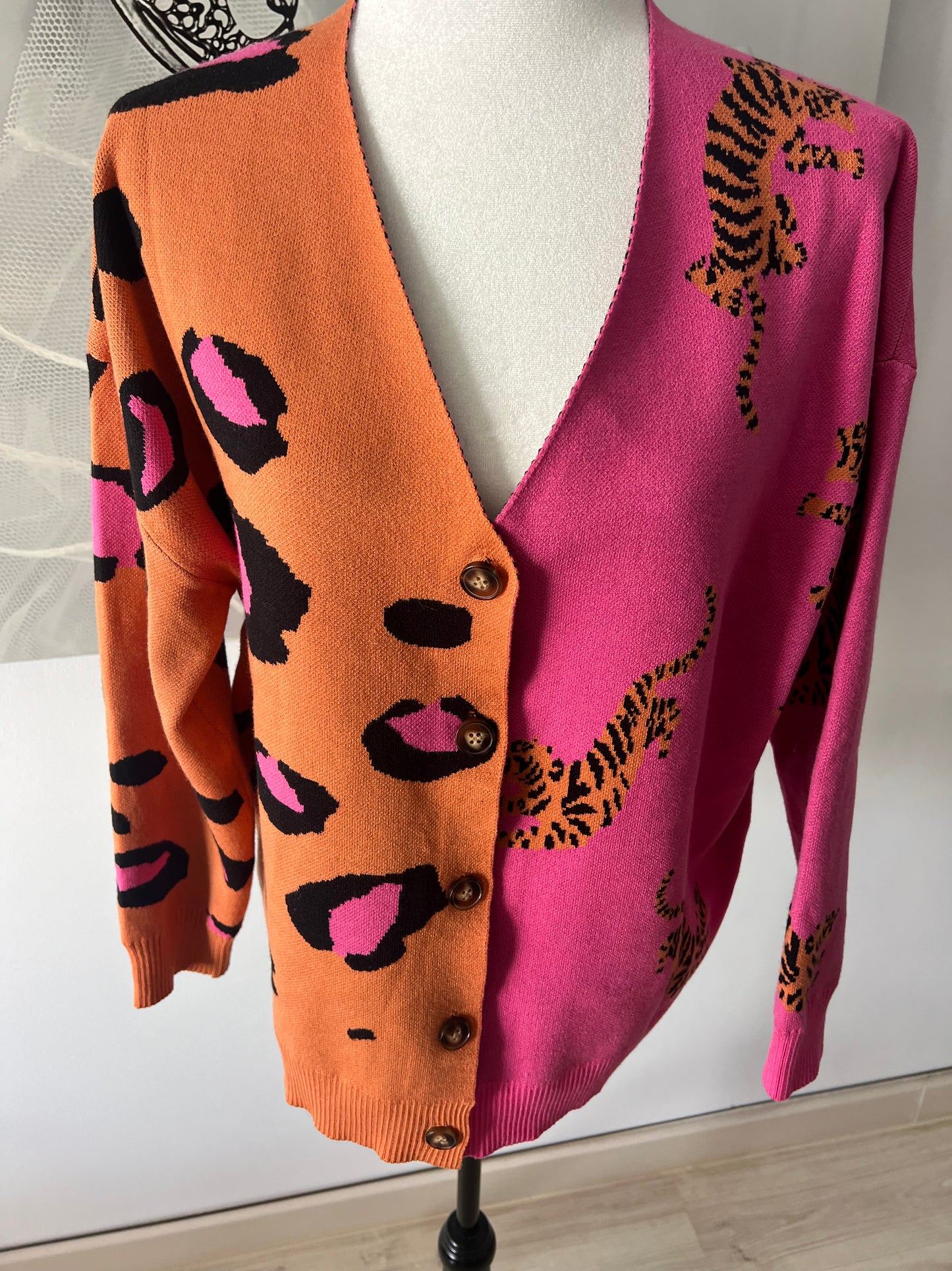 Orange & Pink Cardigan with Tiger Print