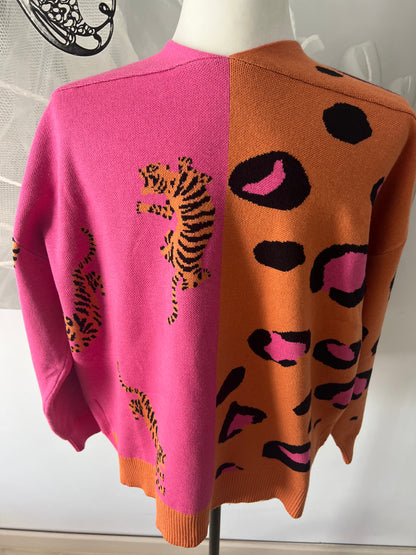 Orange & Pink Cardigan with Tiger Print