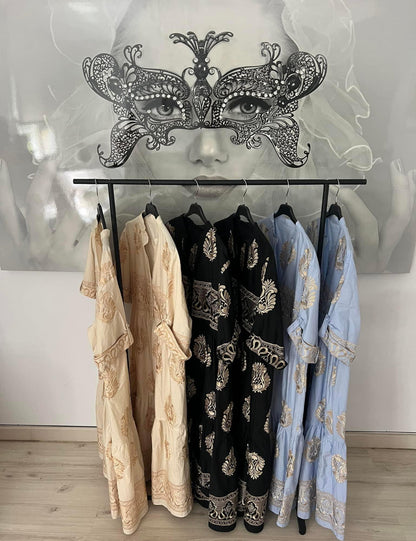 greek style embroidered dress Greek Goddess Dress, Gold Foil Meander, Summer Midi Dress